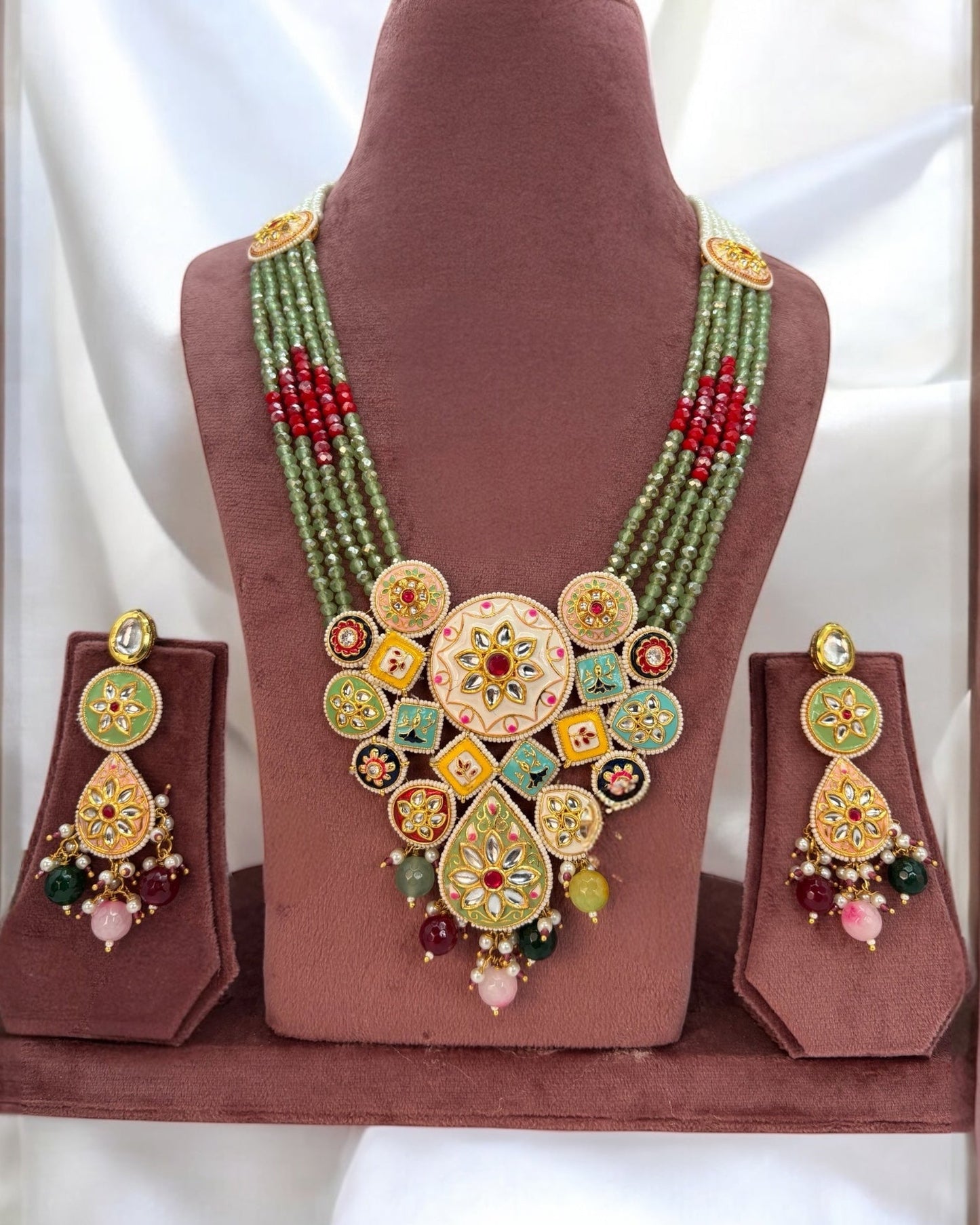 Meenakari long pastel green mala set