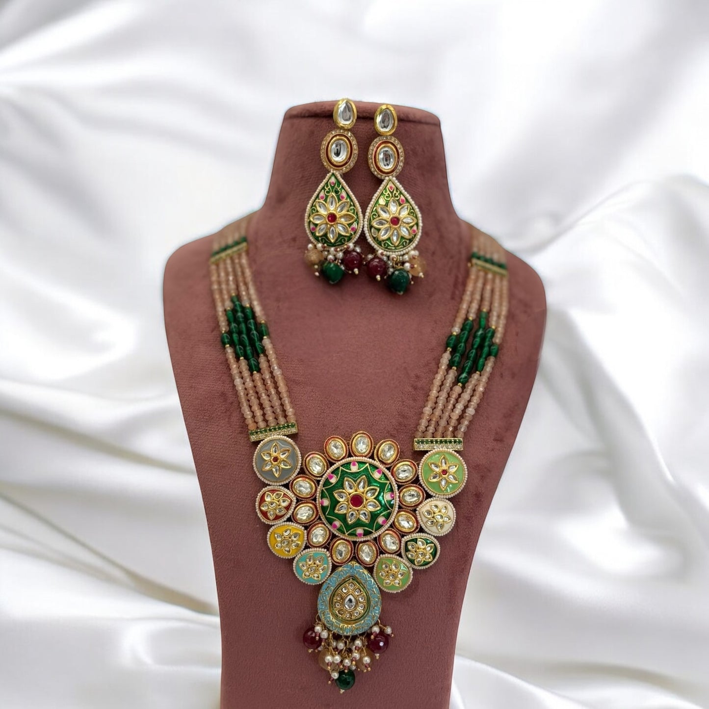 Long necklace set with designer mala and earrings