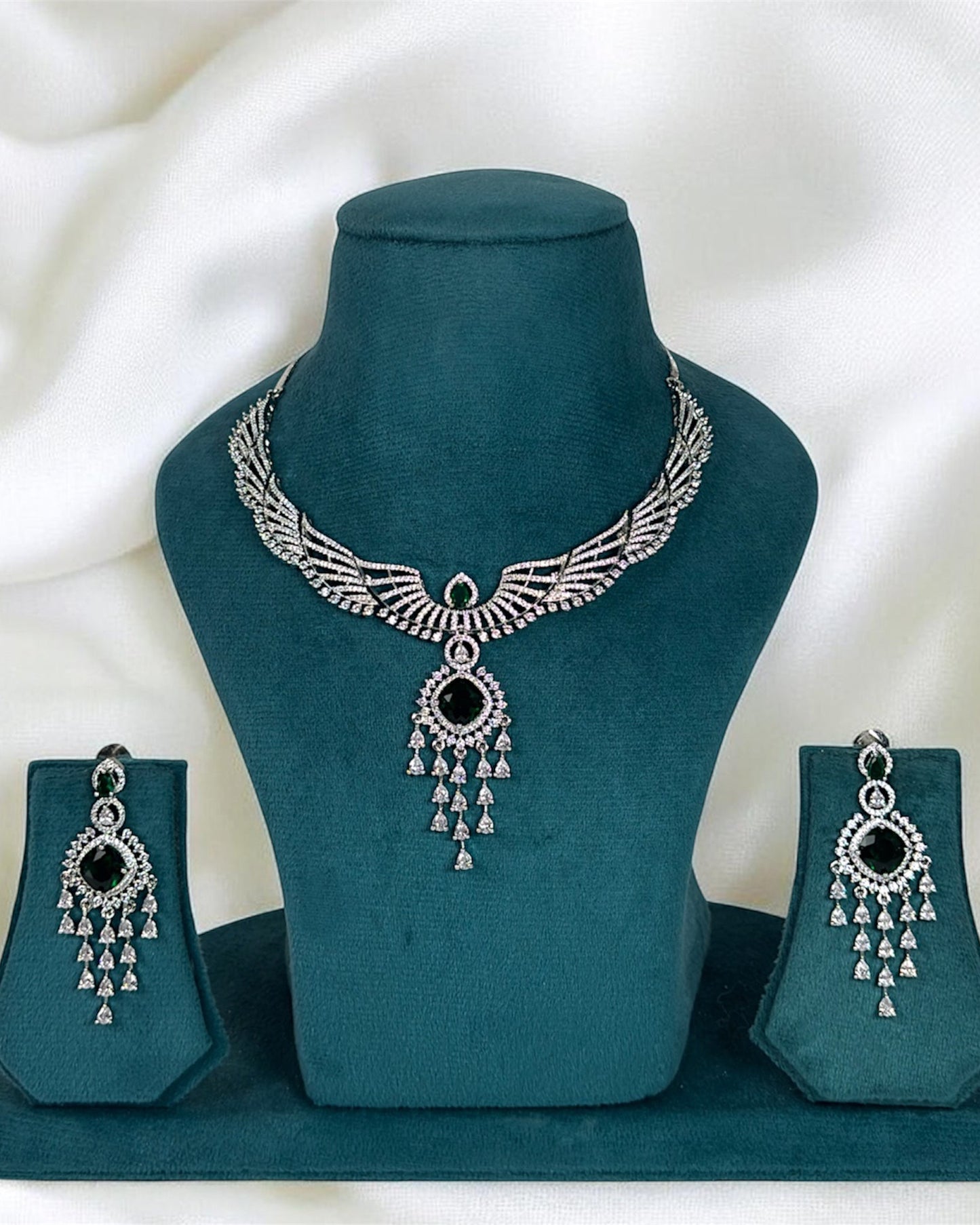 Silver plated green American Diamond necklace set