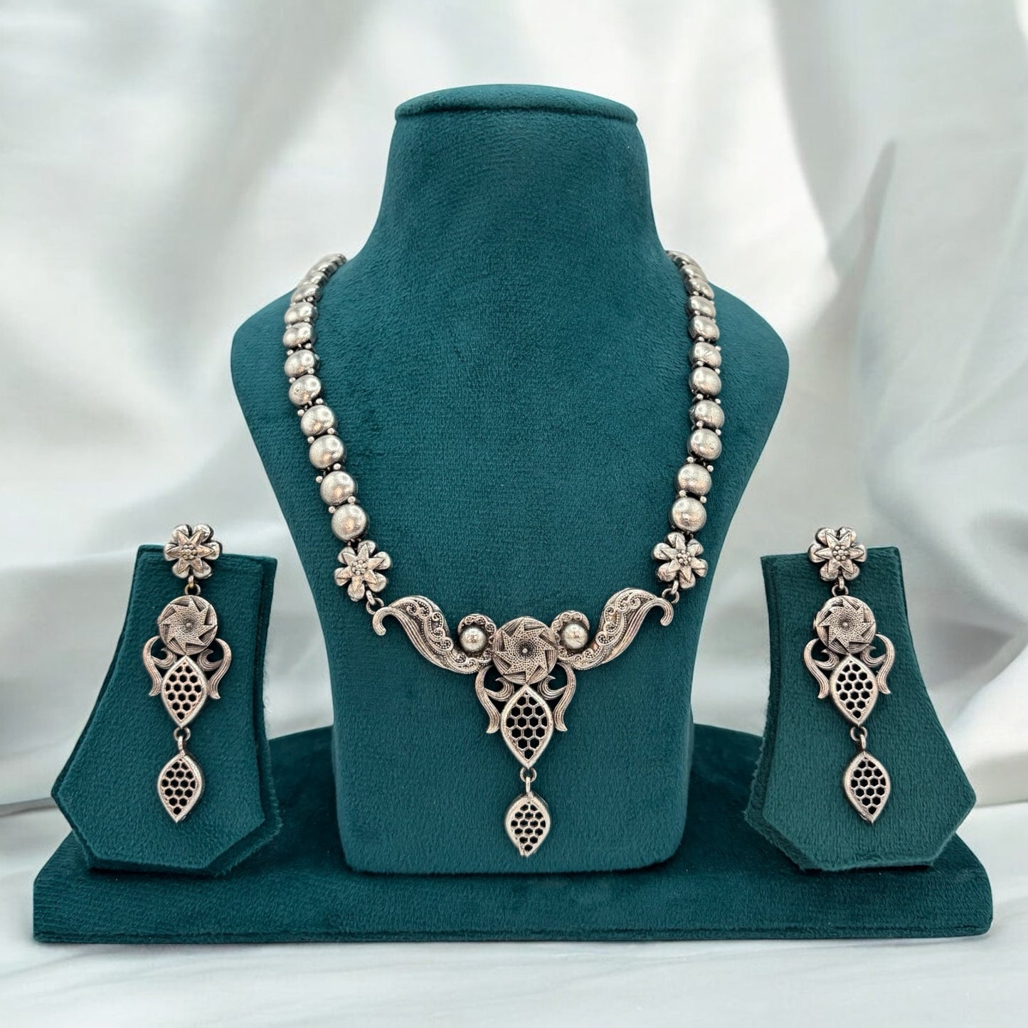 German silver long necklace set with earrings
