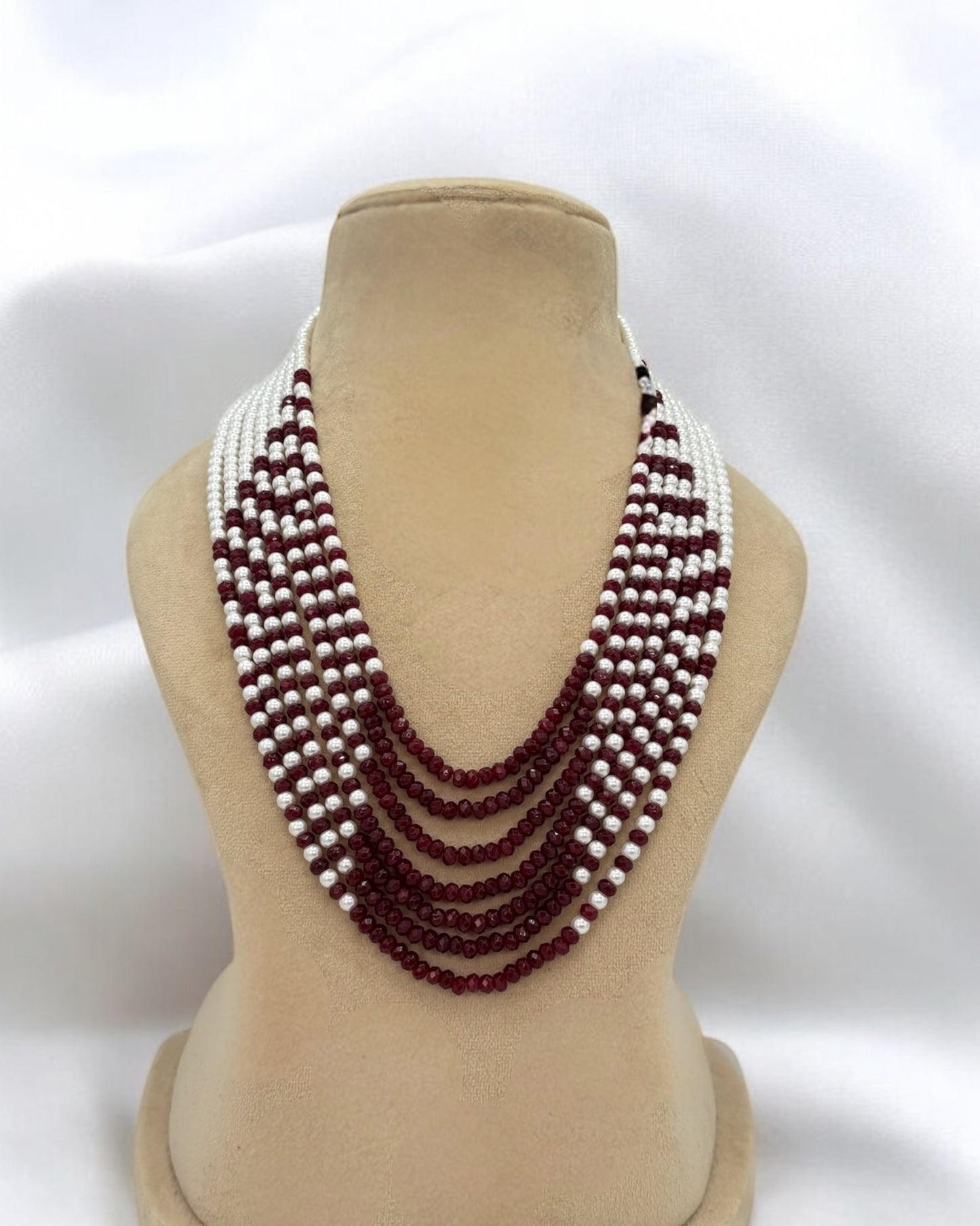 Seven layers moti and maroon stones mala