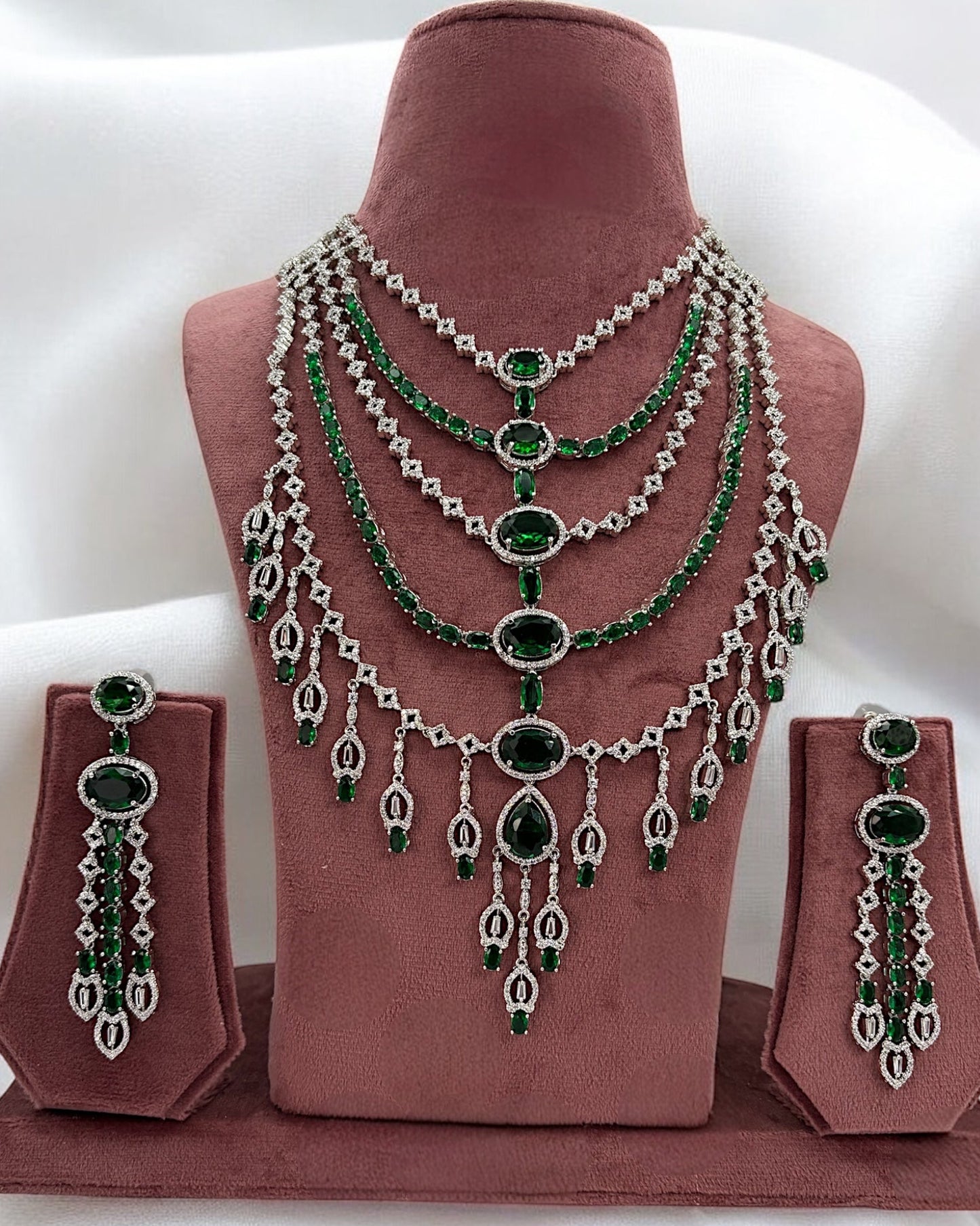 Emerald green American Diamond five layered necklace set