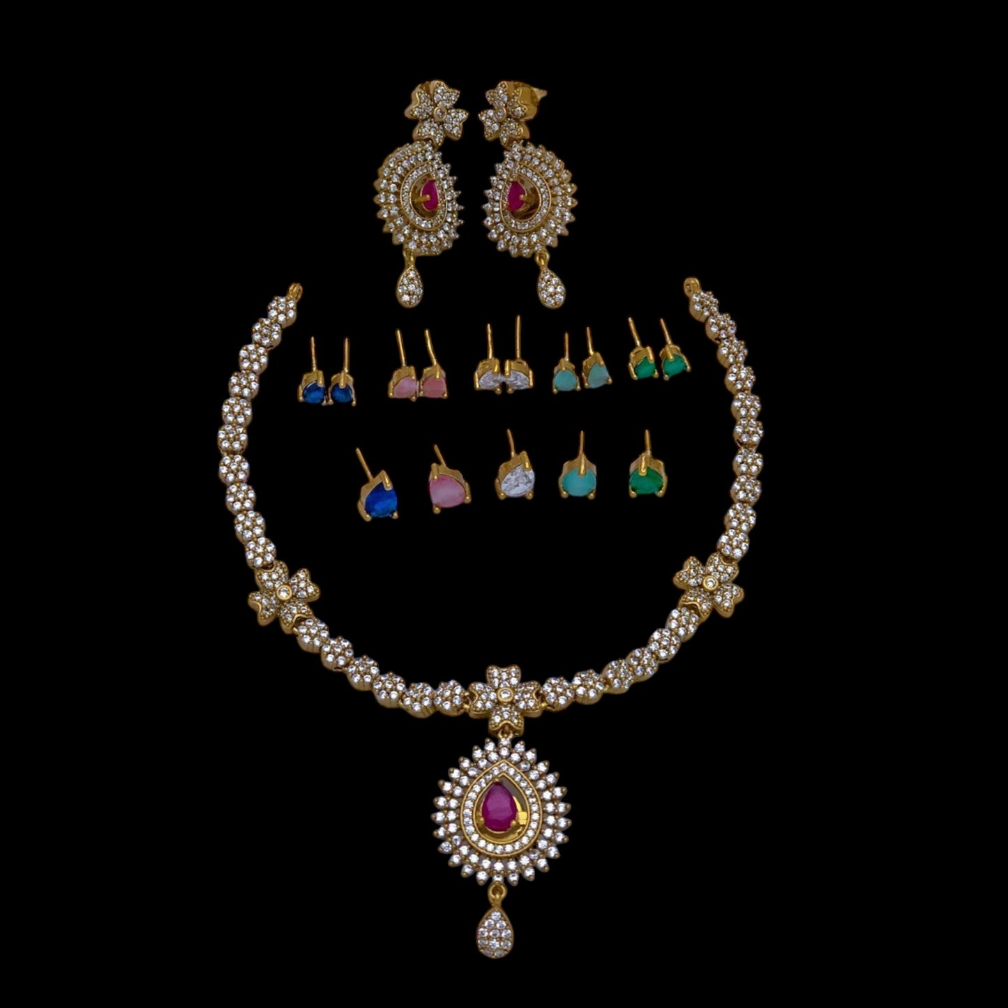 Matte finish golden changeable stones necklace set with earrings