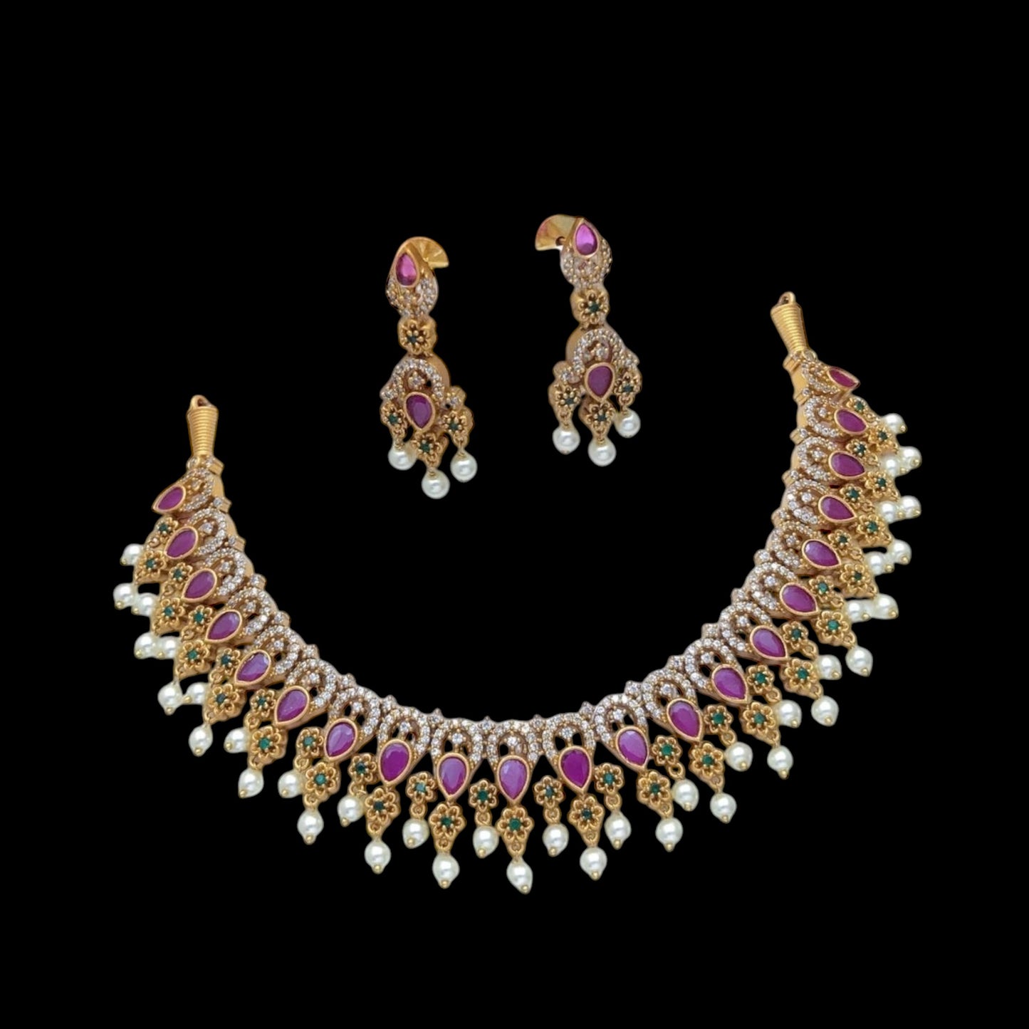 Gold plated American Diamond Necklace Set in matte finish