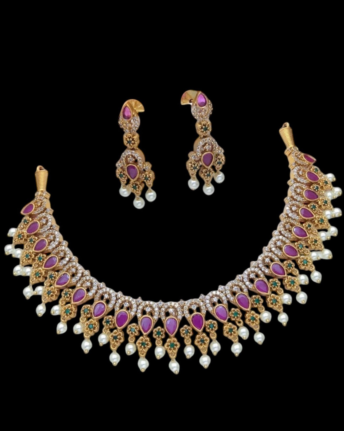 Gold plated American Diamond Necklace Set in matte finish