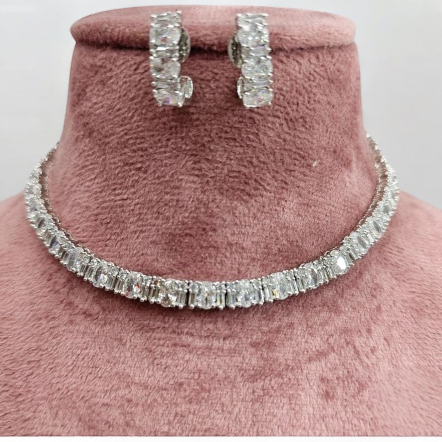 Elegant two tone single line big American Diamond stones necklace set