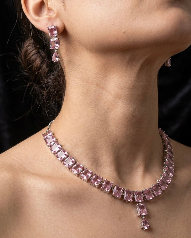 Silver plated pink necklace set