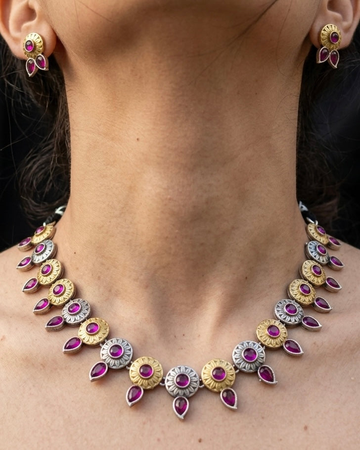 Oxidised 2tone plated necklace set