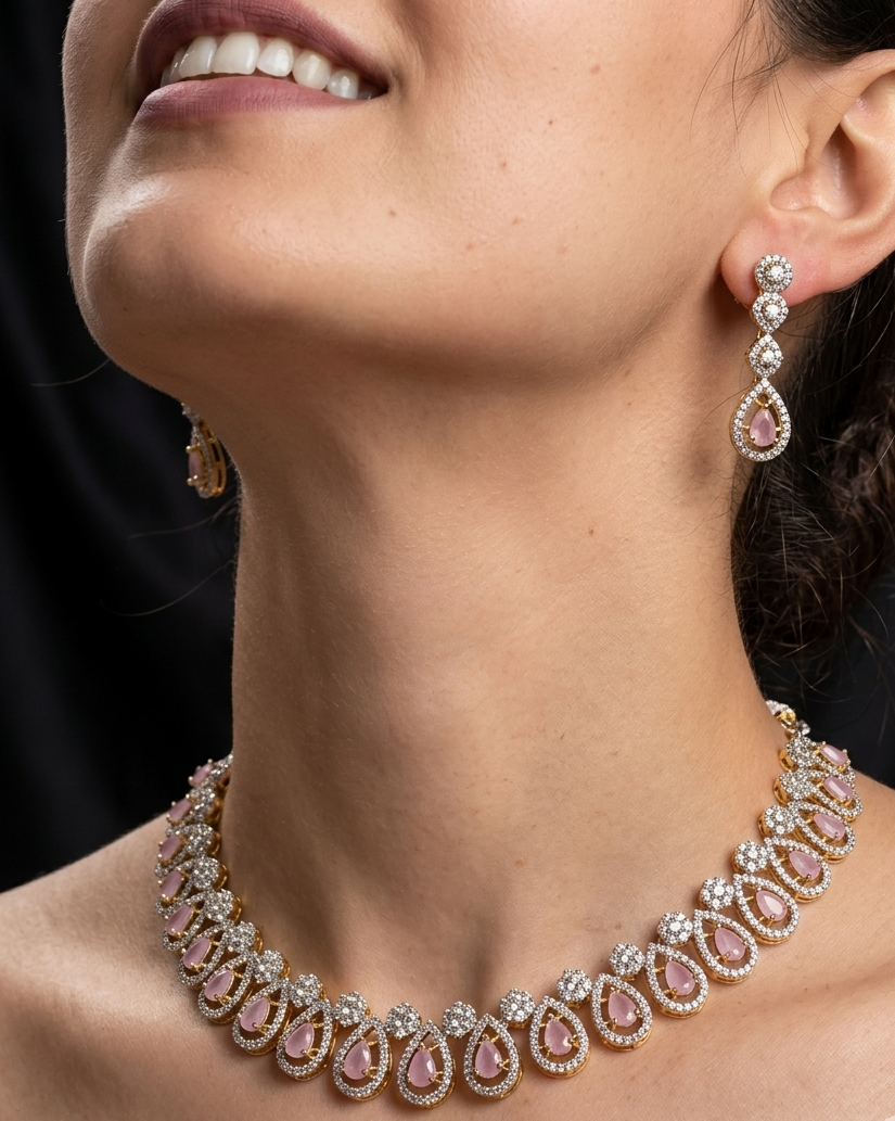Silver American Diamond pink necklace set