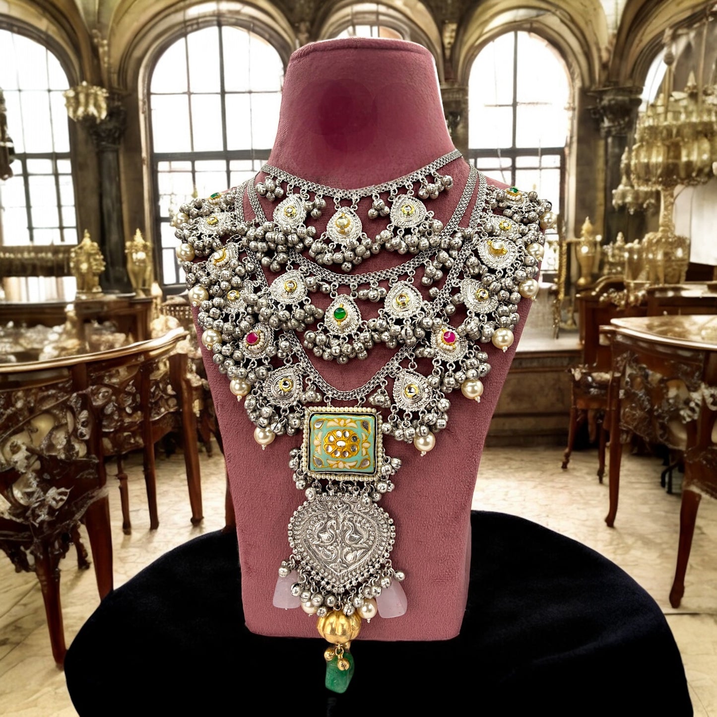 Premium three layers big silver necklace