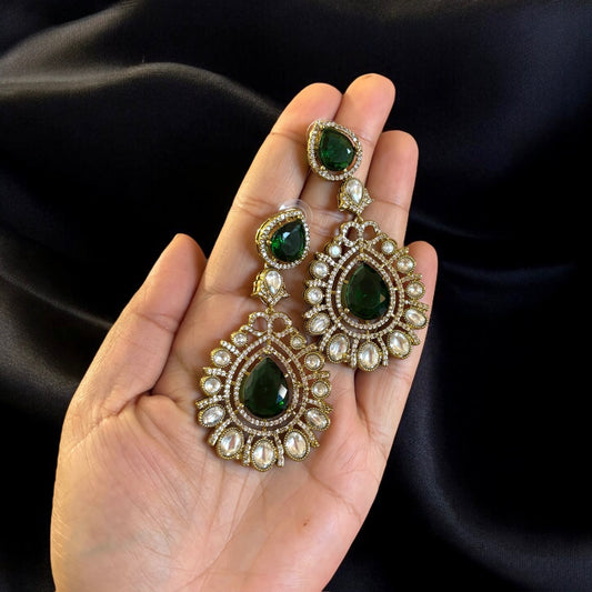 Gold plated green kundan earrings