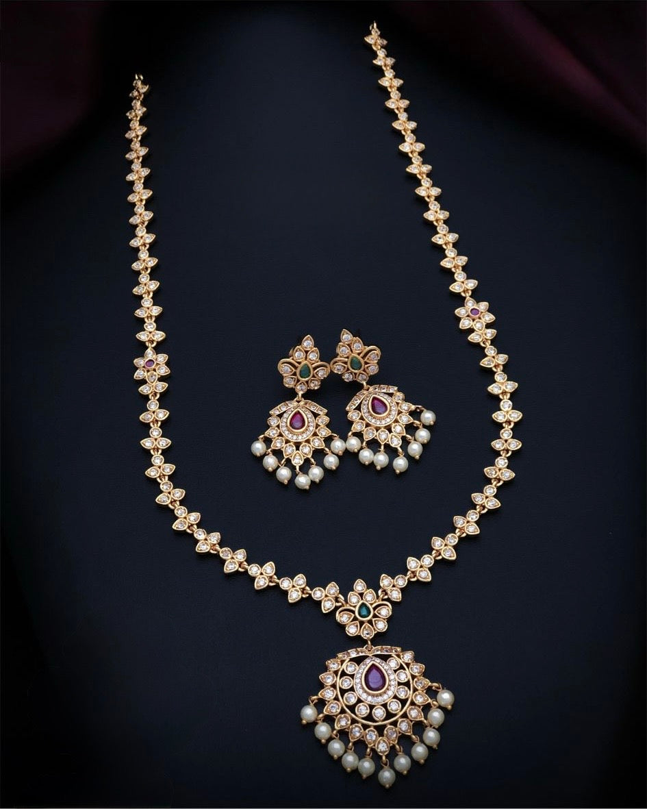 Gold plated American Diamond long necklace set
