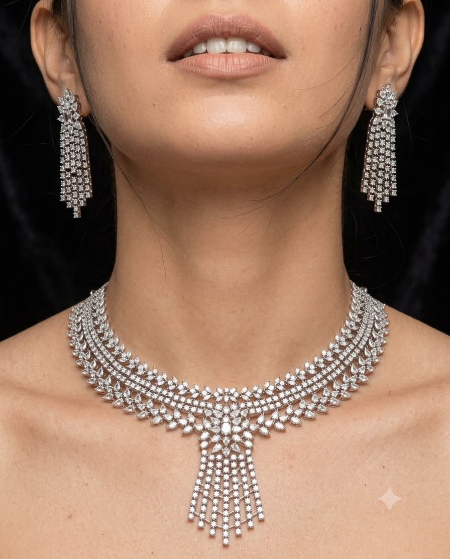 Silver plated American Diamond necklace set