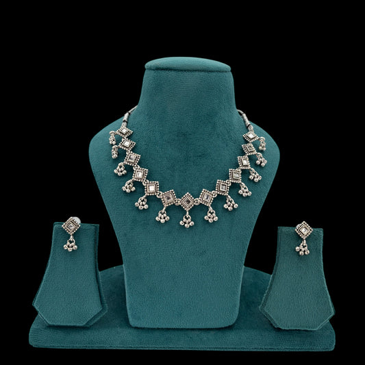 Silver necklace set with mirror work