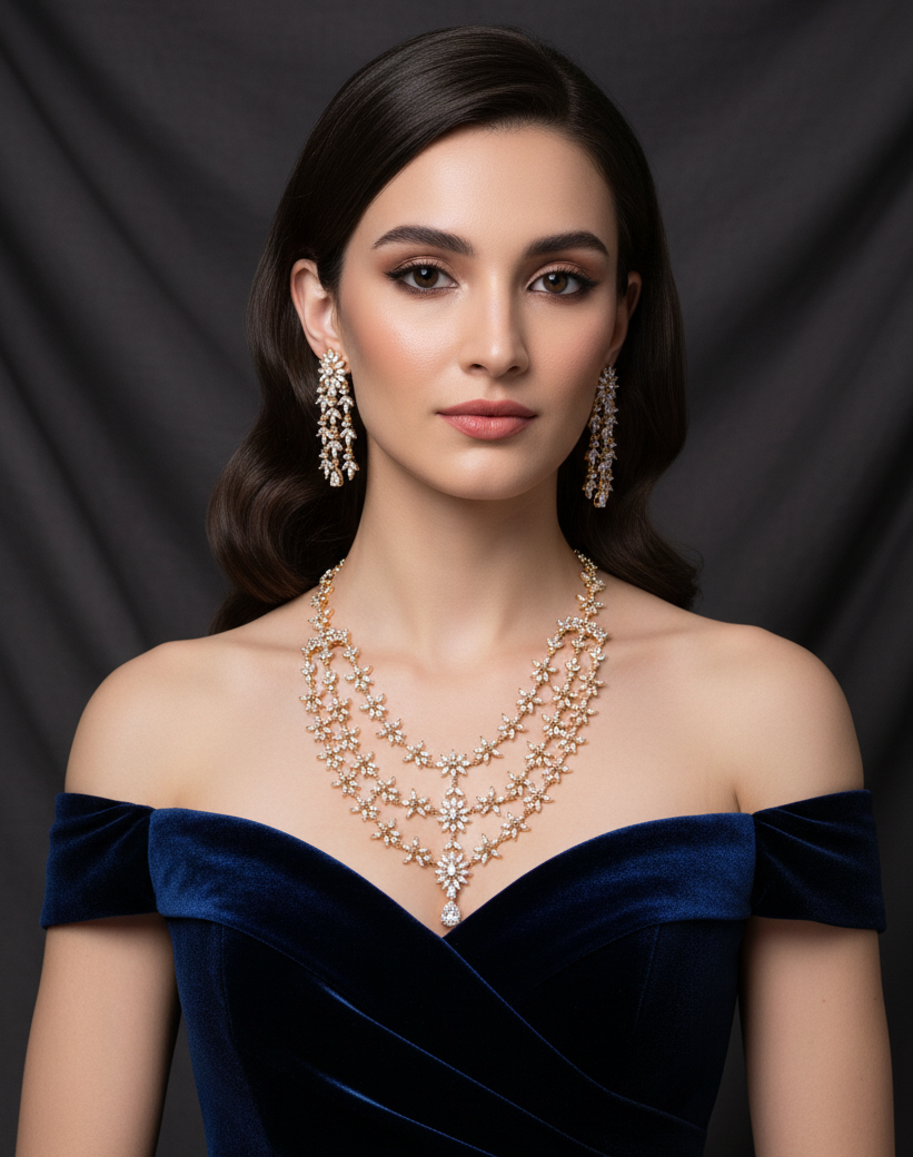 Gold plated 3layers American Diamond necklace set