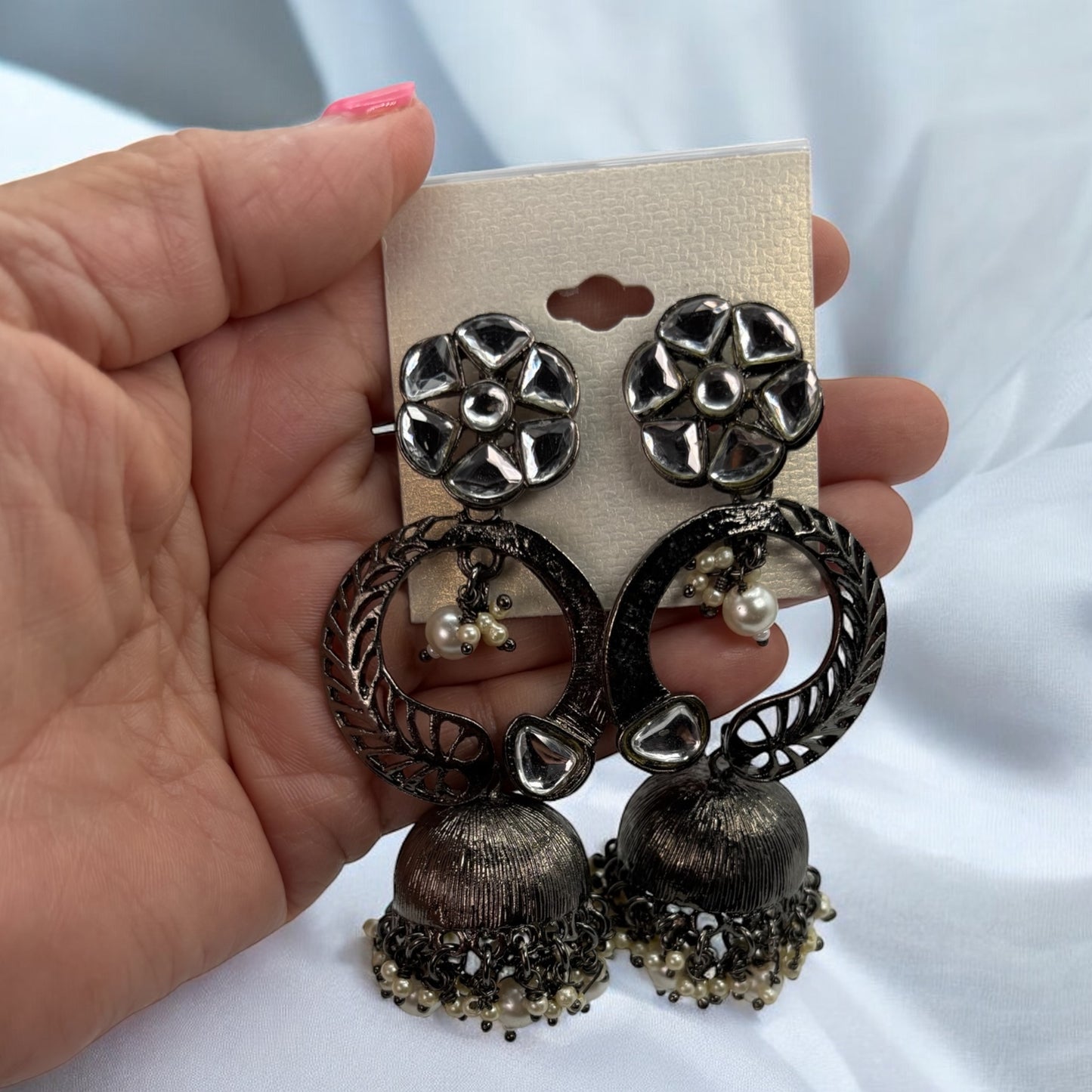 Black polish Kundan jhumki