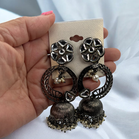 Black polish Kundan jhumki
