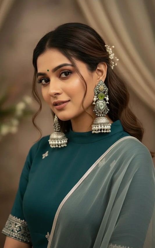 Green German silver jhumki