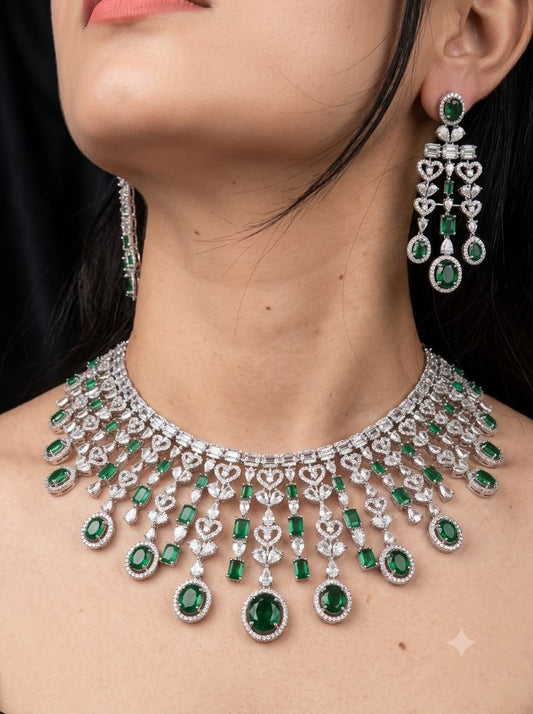 Silver plated American Diamond green necklace set
