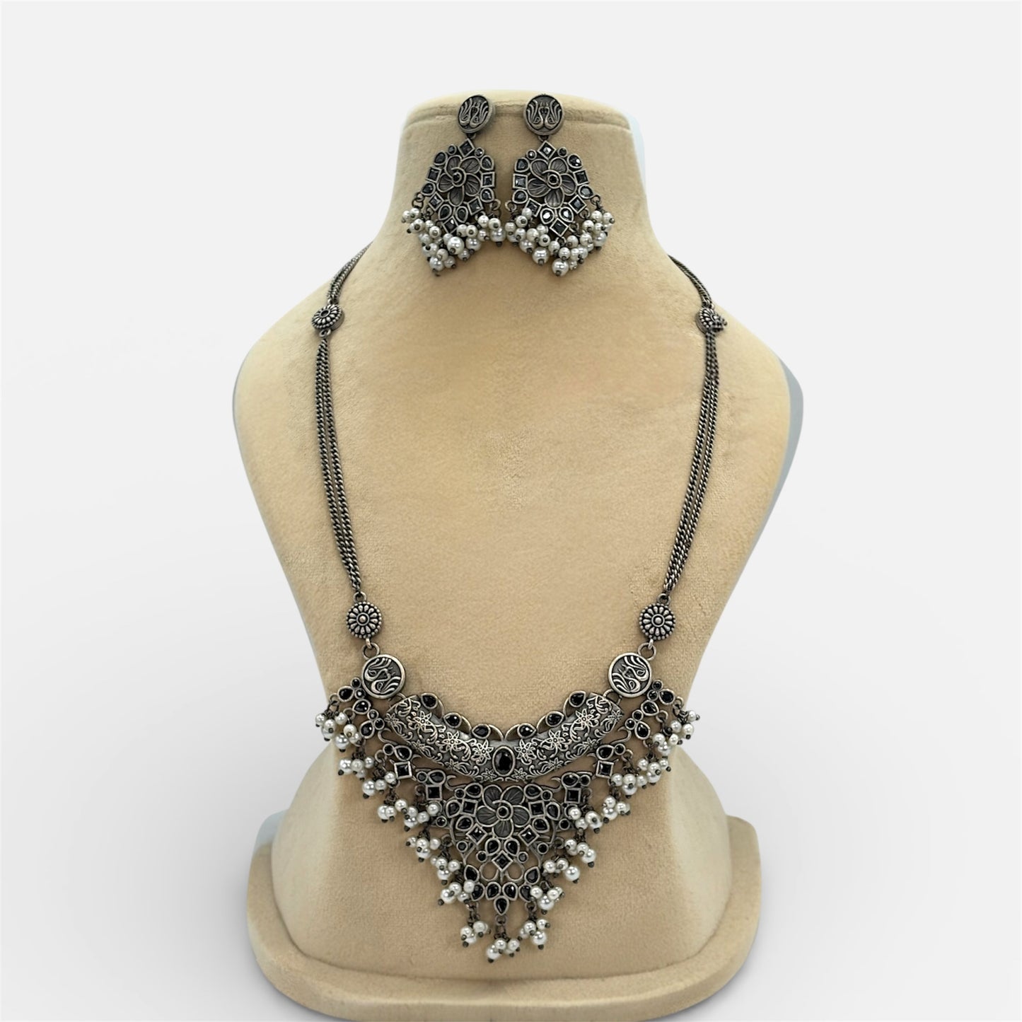Silver oxidized long necklace set