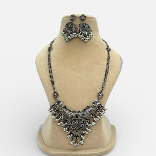 Silver oxidized long necklace set