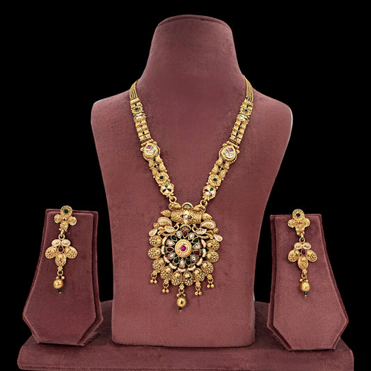 Gold plated kundan long necklace set