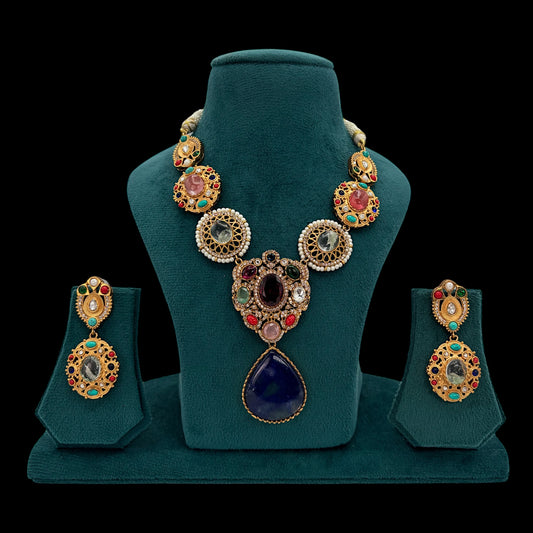 Gold plated fusion necklace set with natural stones