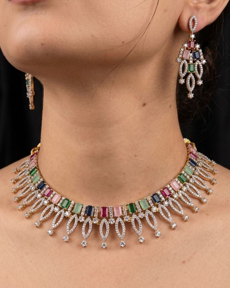 Silver plated American Diamond necklace set