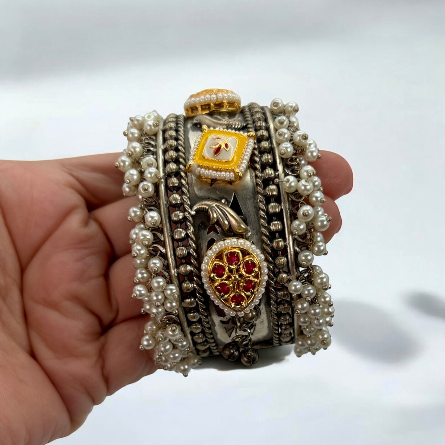 German silver pachi kundan broad bracelet
