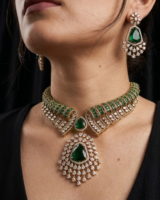 Gold plated emerald green choker style necklace set