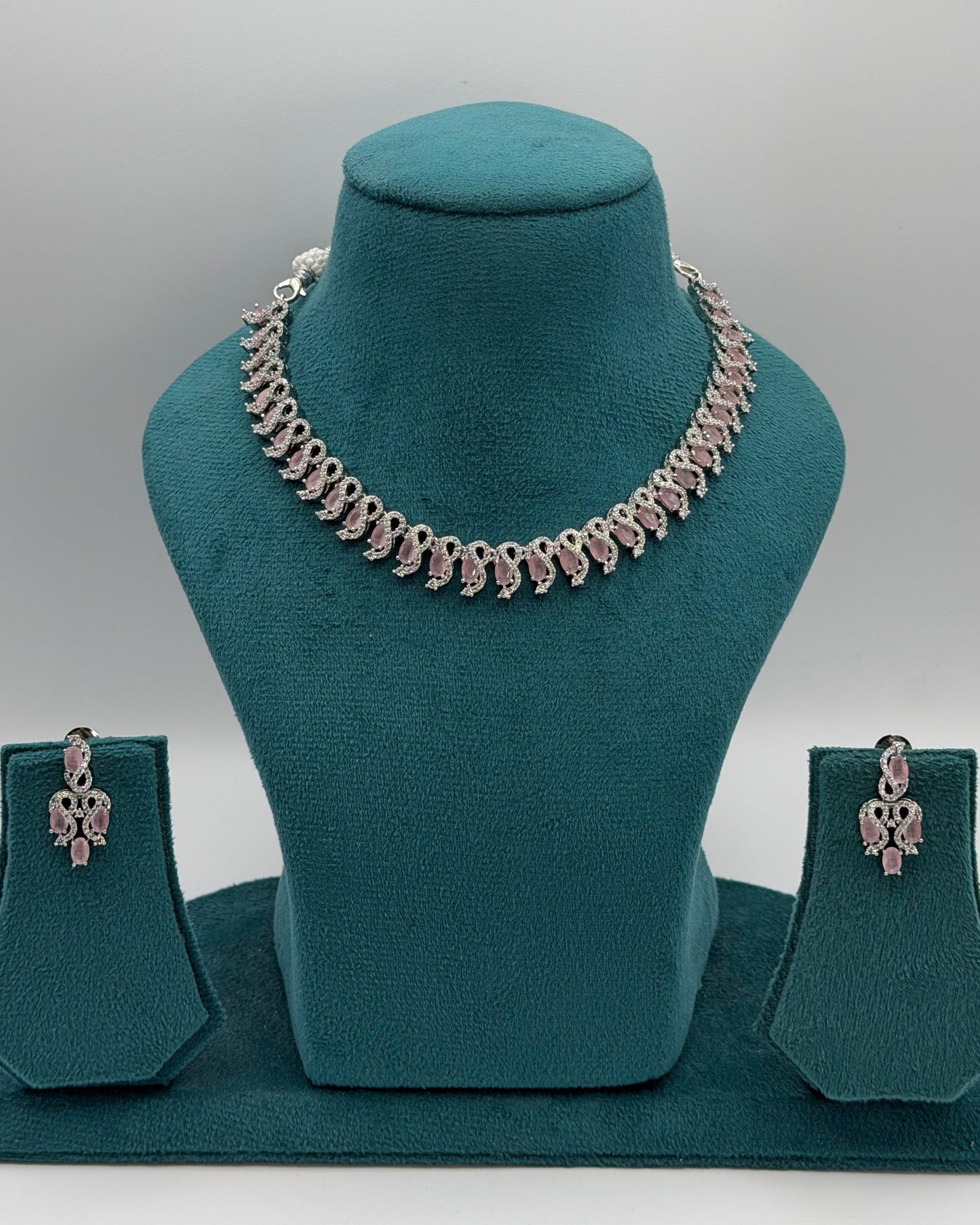 Silver American Diamond pink necklace set