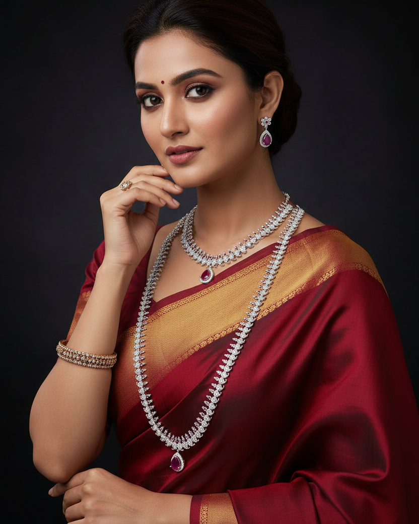 Silver plated American Diamond necklace set