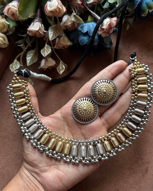 Dual tone silver oxidized necklace set