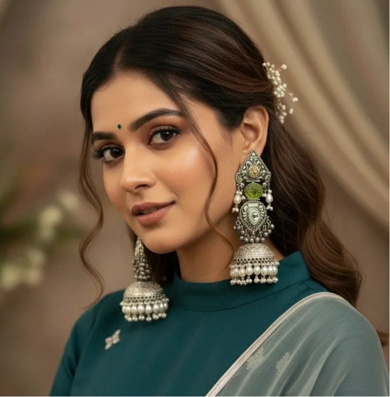 Green German silver jhumki