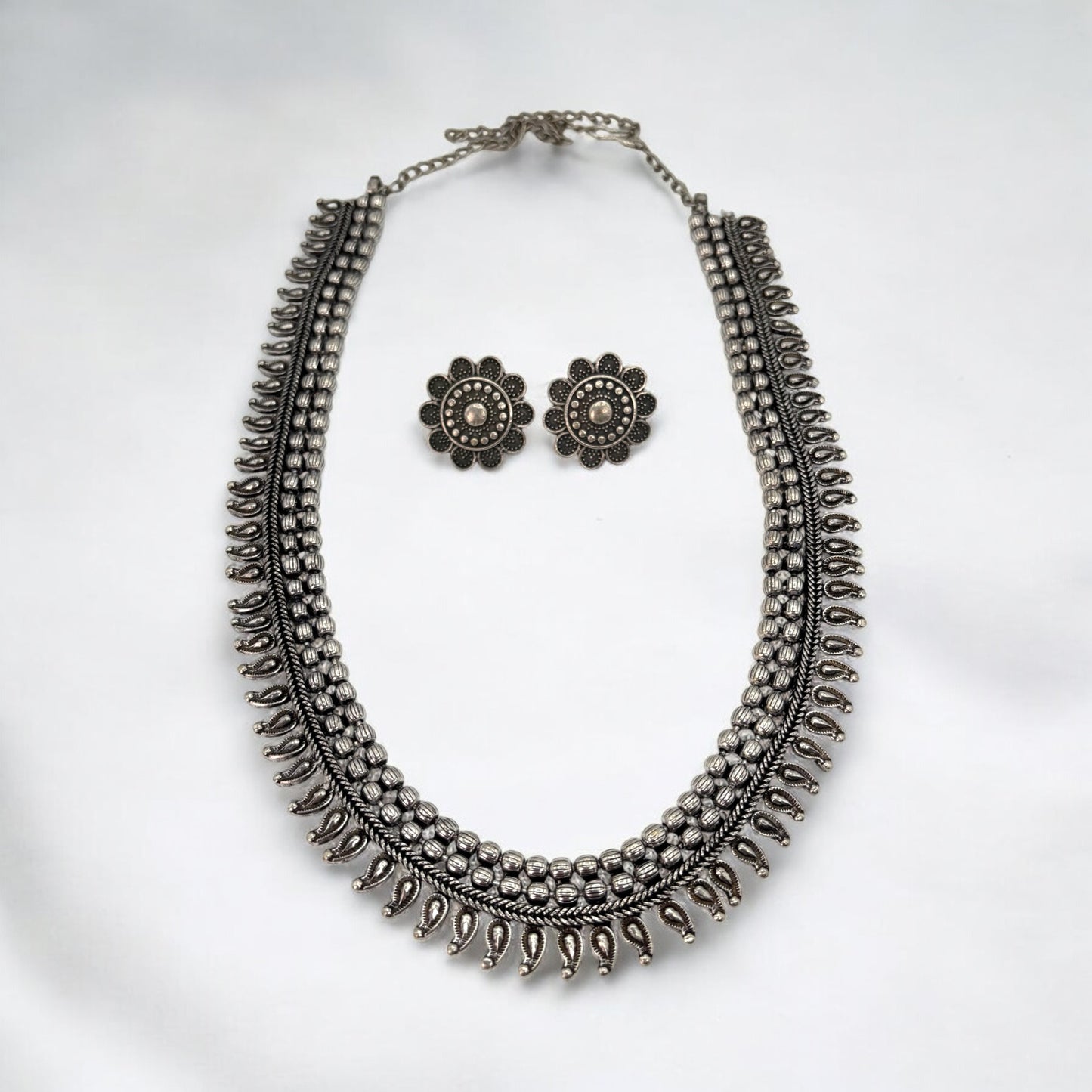Silver oxidized long necklace set