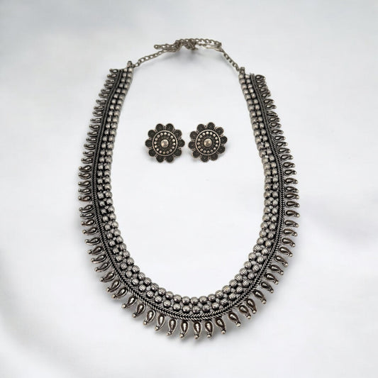 Silver oxidized long necklace set
