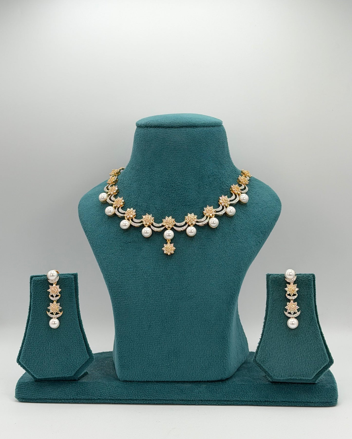 2tone American Diamond necklace set with white pearls