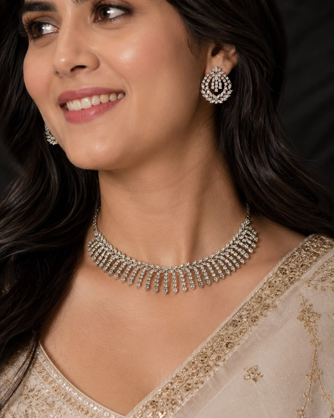 Silver plated American Diamond necklace set