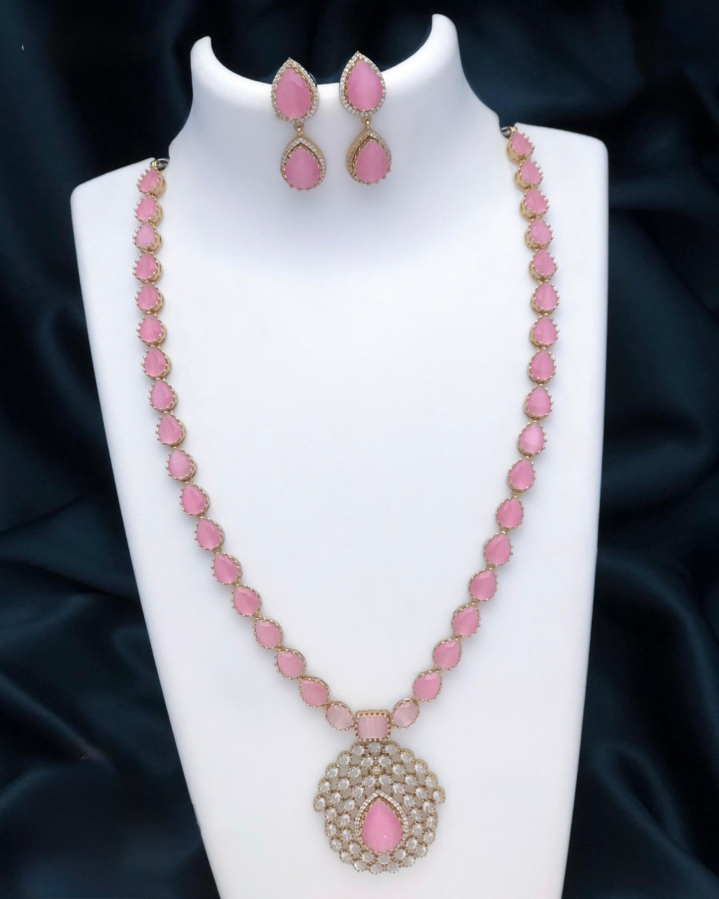 Gold plated pink long necklace set