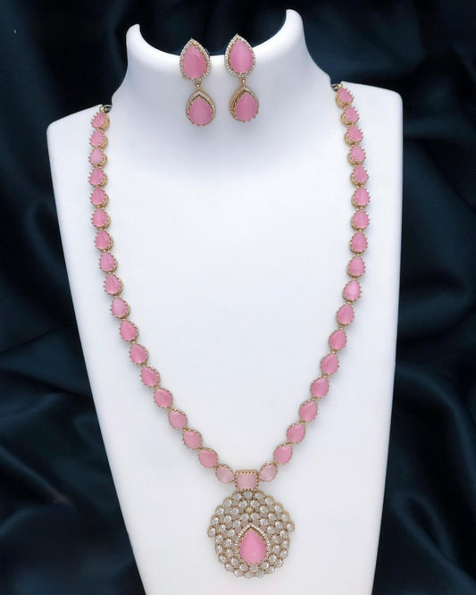 Gold plated pink long necklace set