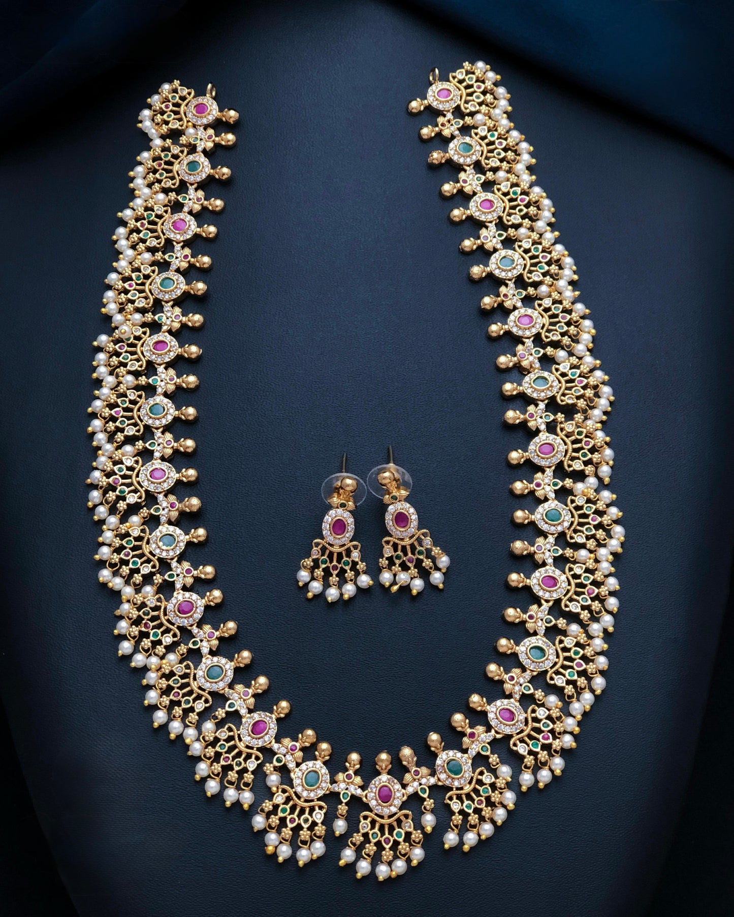 Gold plated American Diamond long necklace set