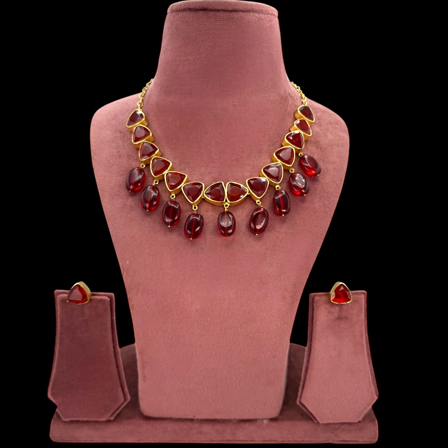 Gold plated necklace set with brown stones