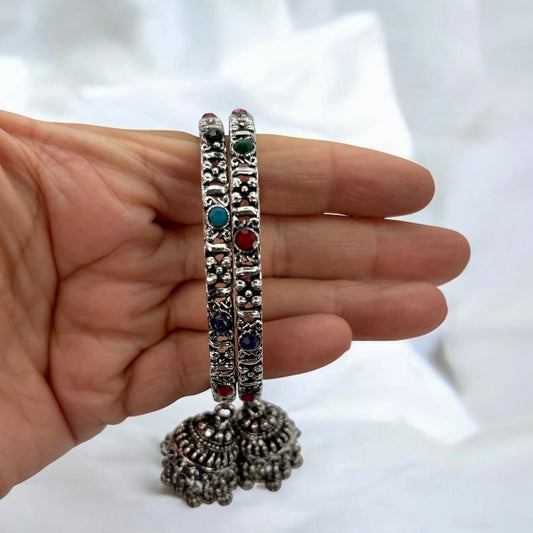 Silver oxidized bangles with jhumki