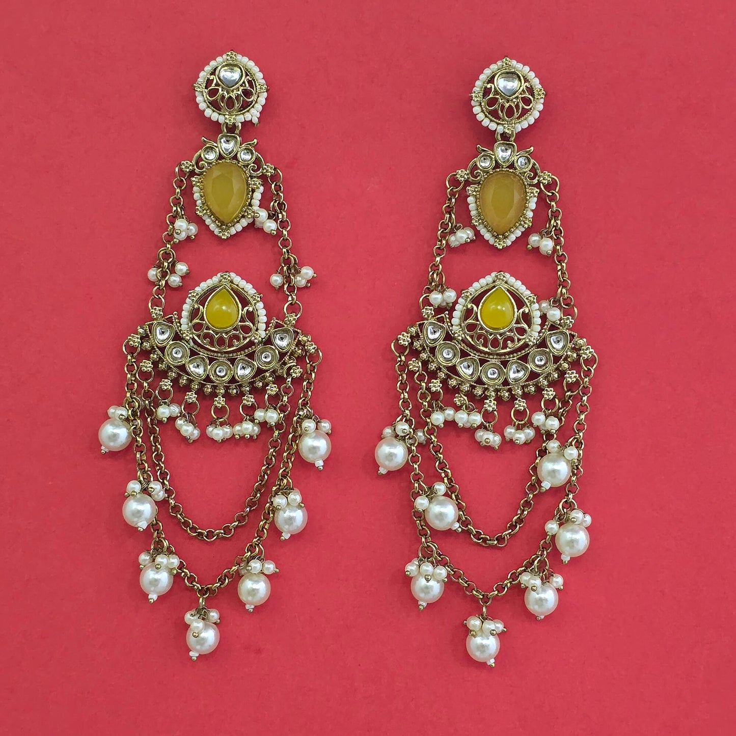 Mehndi plated yellow Kashmiri earrings
