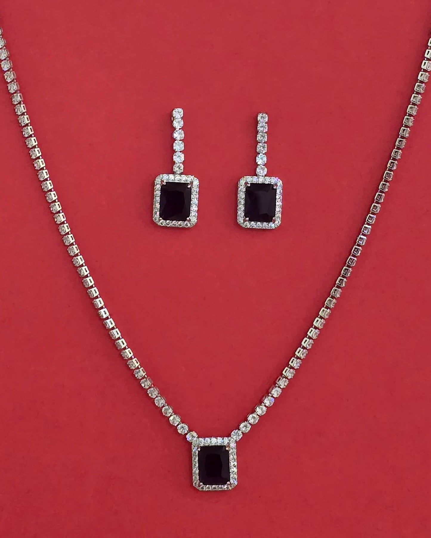 Silver American Diamond blue necklace set