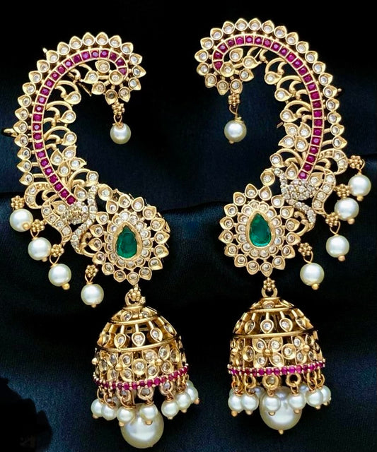 Gold plated jhumki with ear cuffs