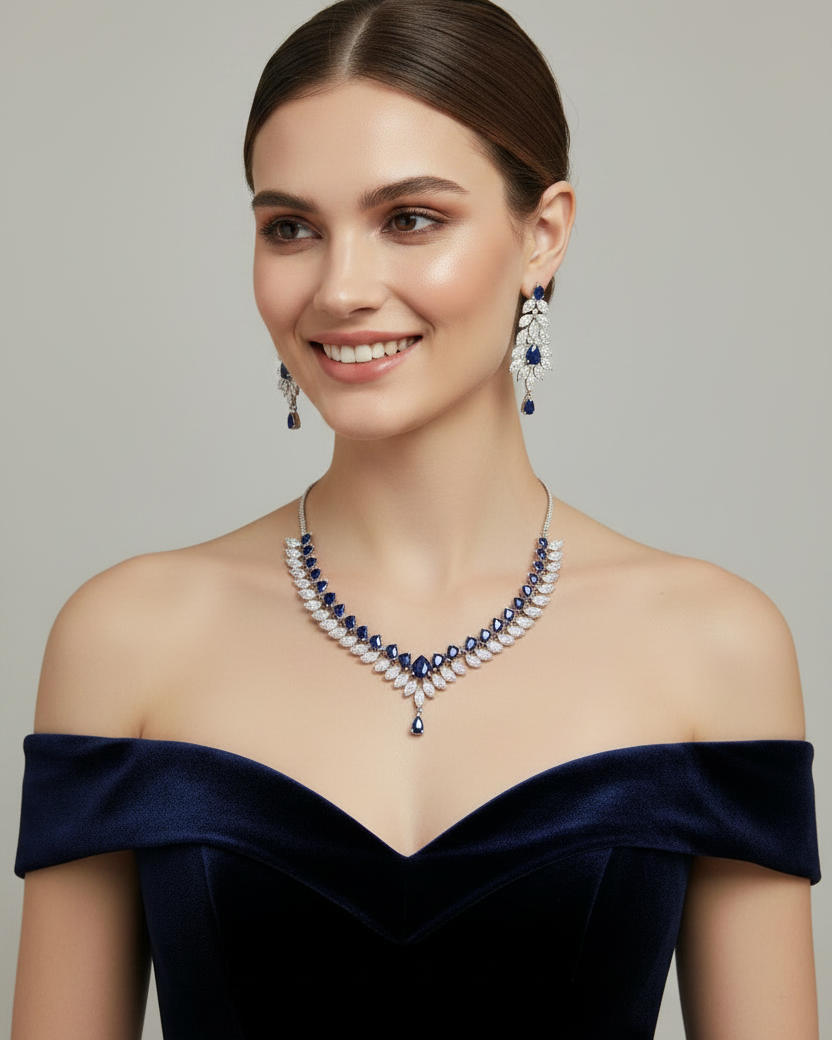 Silver plated American Diamond blue necklace set