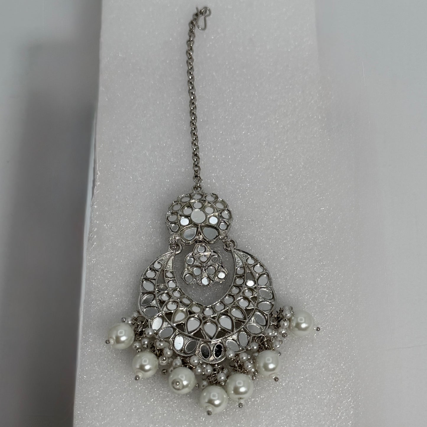 Silver mirror work mang tikka