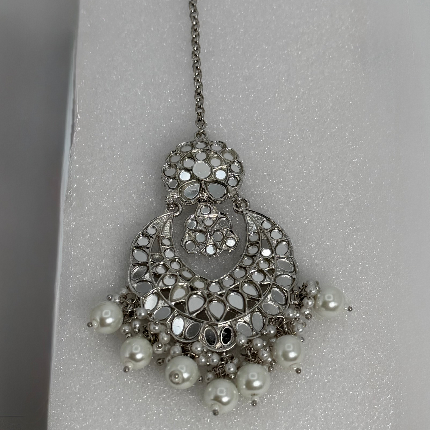 Silver mirror work mang tikka