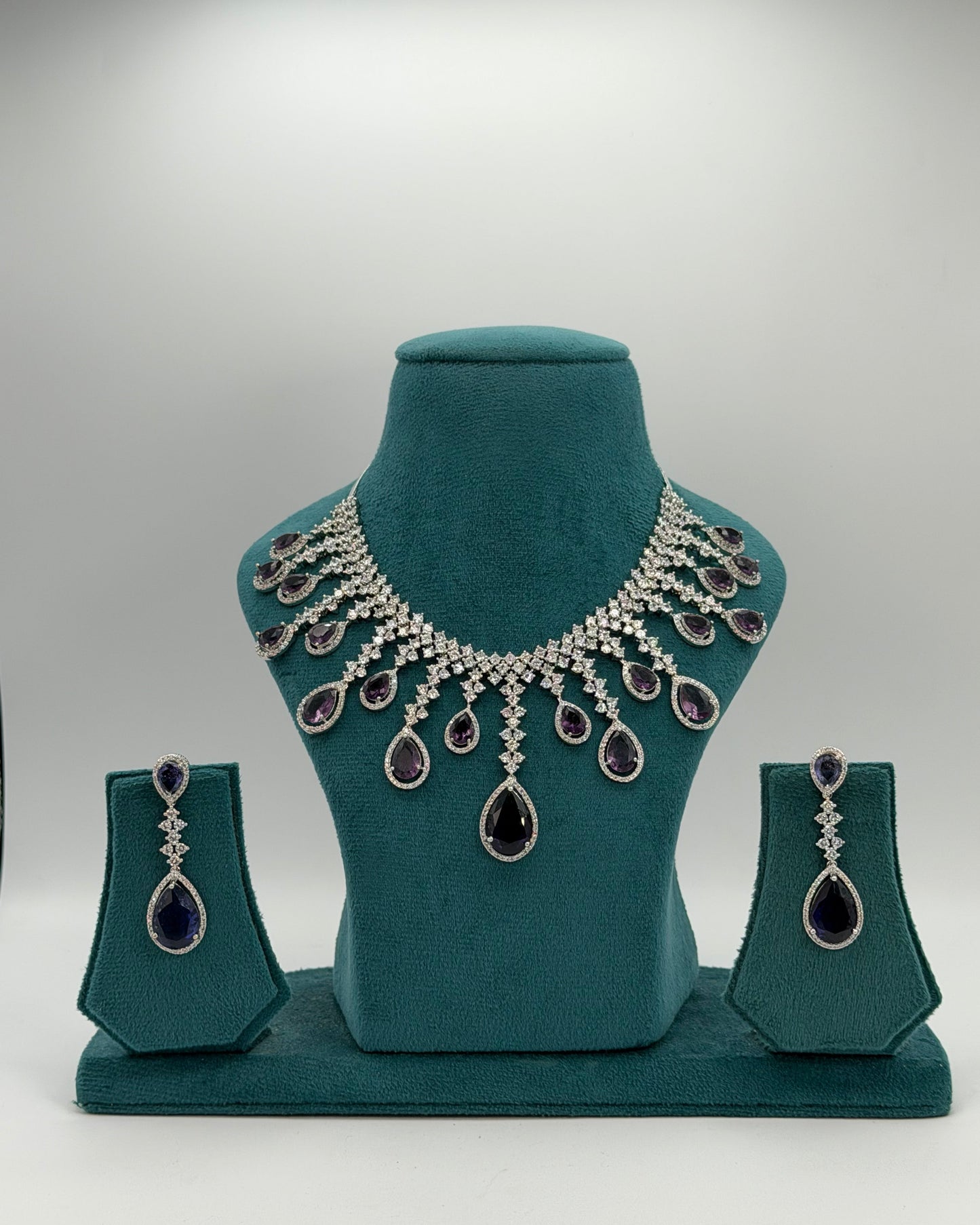 Silver plated American Diamond purple necklace set
